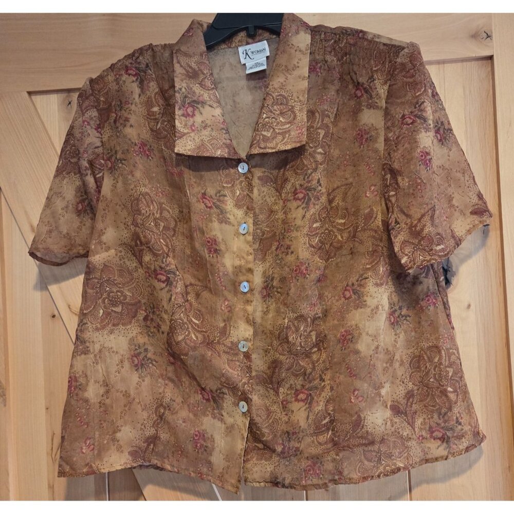 K Woman Size 20W Brown Red Sheer Button Crinkle Blouse Smocked